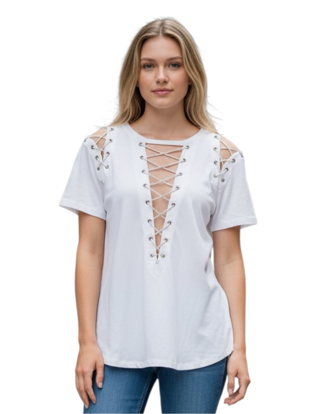 POL White Lace-Up Cold Shoulder Short Sleeve Sexy Tee Size M